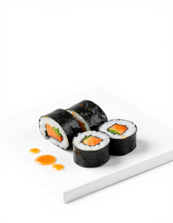 Sushi rolls on a white plate isolated on a white background.の写真素材