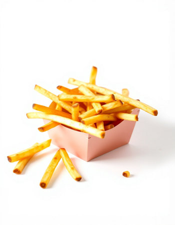 French fries in a pink box on a white background. Isolatedの写真素材