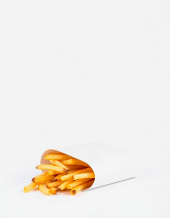 French fries in a paper bag on a white background with copy spaceの写真素材