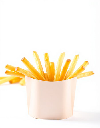 French fries in a white box on a white background. Selective focus.の写真素材