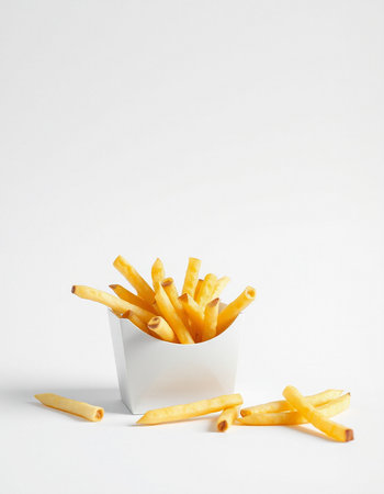 French fries in a white box on a white background. Fast food.の写真素材