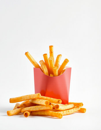 French fries in a red paper box on a white background. Fast food.