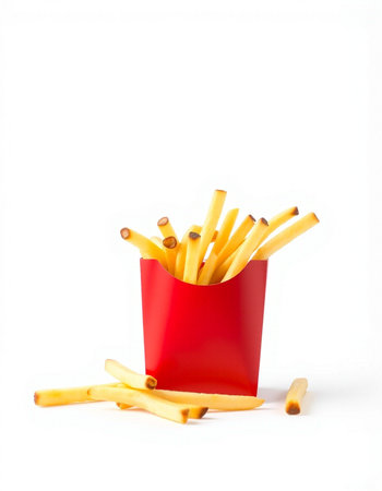 French fries in red paper box isolated on white background, clipping path