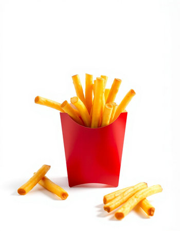French fries in a red box on a white background, isolated.
