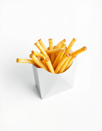 French fries in a white box, isolated on a white background.の写真素材