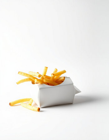 French fries in a white box on a white background. Fast food.の写真素材