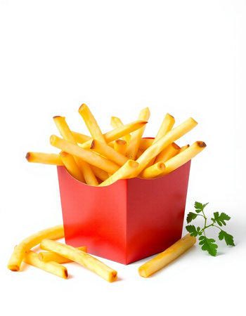 French fries in a red box on a white background with parsleyの写真素材