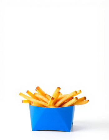 French fries in blue box isolated on white background. Top view.の写真素材