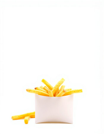 Golden French fries potatoes in a white box isolated on white background.の写真素材
