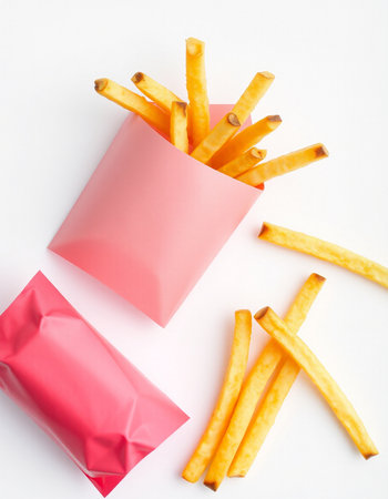 French fries in pink paper bag on white background. Top view.の写真素材