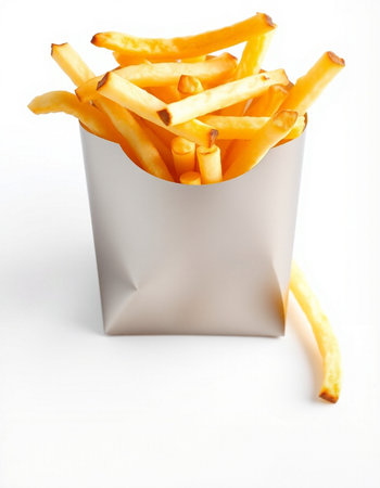 French fries in a paper box on a white background. Isolatedの写真素材