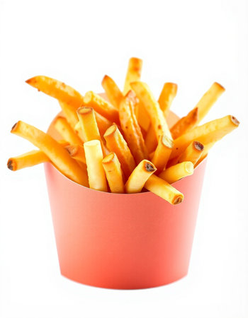 French fries in a red box isolated on white background. Close up.