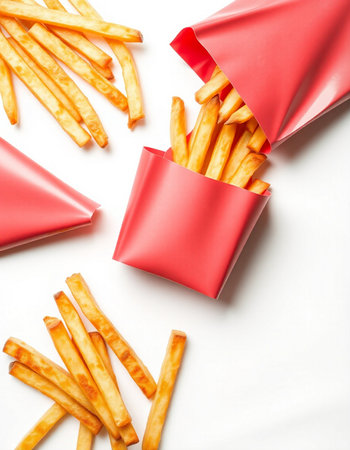 French fries in a red paper bag on a white background, top viewの写真素材