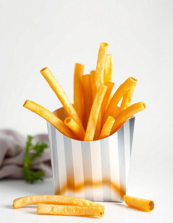 French fries in paper box on white background. Selective focus.
