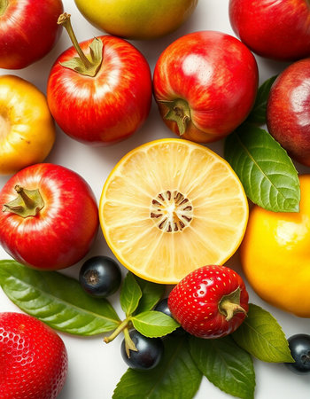 Fresh fruits and berries on white background, closeup. Healthy foodの写真素材