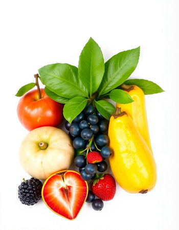 Fresh fruits and berries isolated on white background. Healthy food concept.