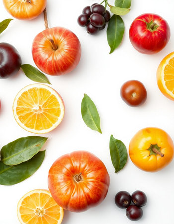 Fruits and vegetables on white background. Flat lay, top viewの写真素材