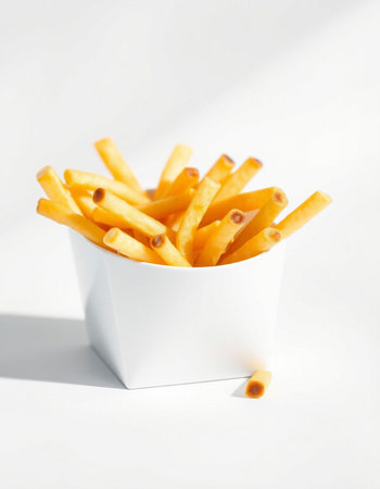 French fries in a white box on a white background, close-upの写真素材