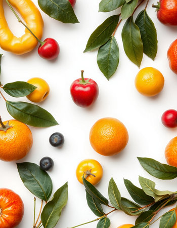 Fruits and berries on white background. Flat lay, top viewの写真素材