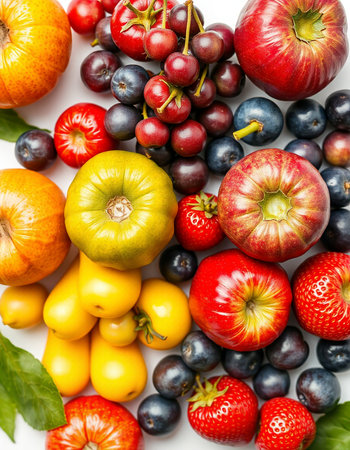 Fruits and vegetables on white background. Top view. Flat lay.の写真素材