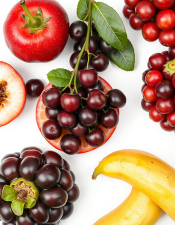 Fruits and berries isolated on white background. Top view. Flat lay pattern