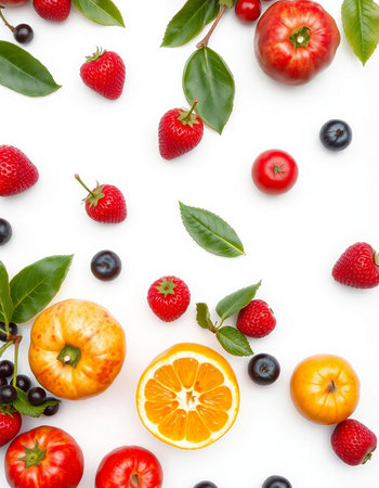 Fruits and berries isolated on white background. Top view. Flat lay patternの写真素材