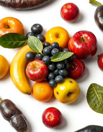 Fruits and vegetables isolated on white background. Healthy food concept.の写真素材