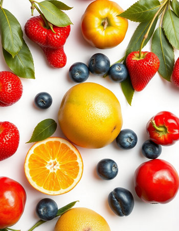 Fruits and berries on white background. Top view. Flat layの写真素材