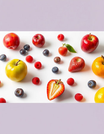 Fruits and berries on a white background. Flat lay, top viewの写真素材