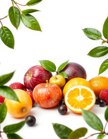 Fruits on a white background with green leaves and space for textの写真素材