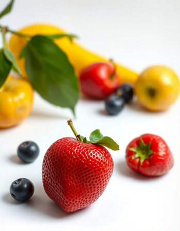 Strawberries, blueberries and other fruits on white background.の写真素材