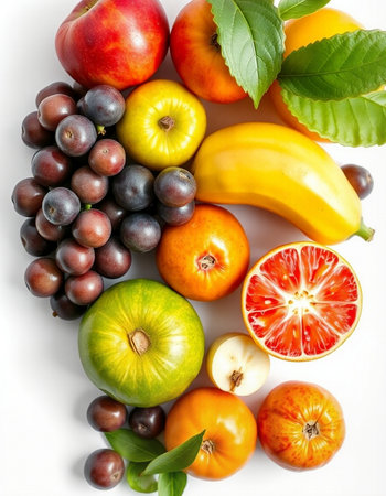 Fresh fruits isolated on white background. Healthy food concept.