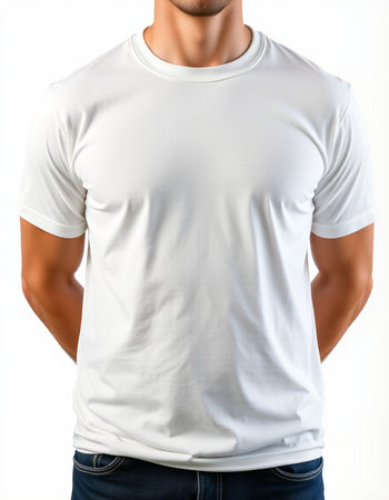 Men's white t-shirt on a mannequin on a white backgroundの写真素材