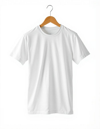 White t-shirt on wooden hanger isolated on white background.