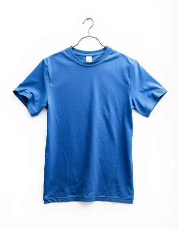 Blue t-shirt on hanger isolated on white background. Clipping path includedの写真素材