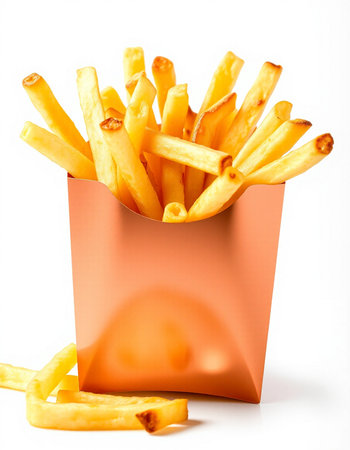French fries in a paper box isolated on white background. Fast food.
