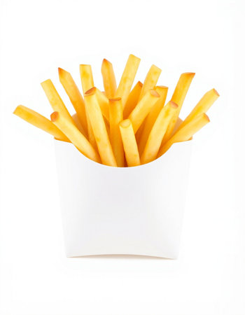 French fries in a paper box isolated on white background. Fast food.