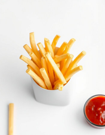 French fries with ketchup on a white background, close-upの写真素材