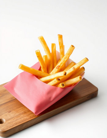 French fries in a pink paper bag on a wooden board on a white backgroundの写真素材