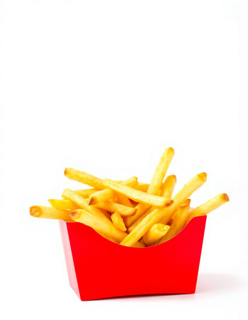 French fries in a red box isolated on white background with clipping path