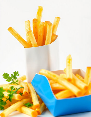 French fries in a white cup on a white background with parsley