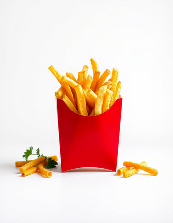 French fries in a red box on a white background with parsleyの写真素材