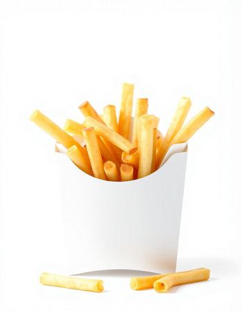 French fries in a white box on a white background. Isolated