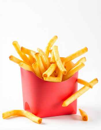 French fries in a red box on a white background, fast food