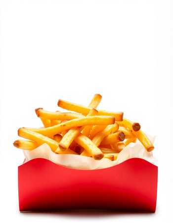 French fries in a red box on a white background. Isolated