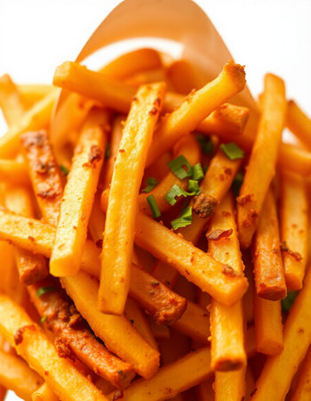 Golden French fries potatoes on white plate. Close up. Selective focus.の写真素材