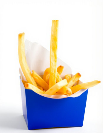 French fries in paper box isolated on white background. Selective focus.の写真素材