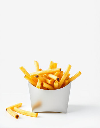 French fries in a white box on a white background. Fast food.