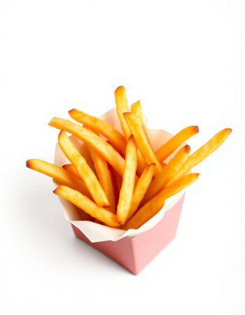 French fries in a paper box isolated on white background. Selective focus.