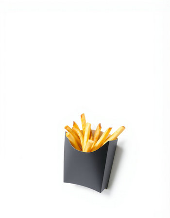 French fries in a black box isolated on white background. Top view.